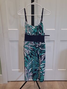 JONATHAN MARTIN Teal, Navy & White Tropical Floral Dress